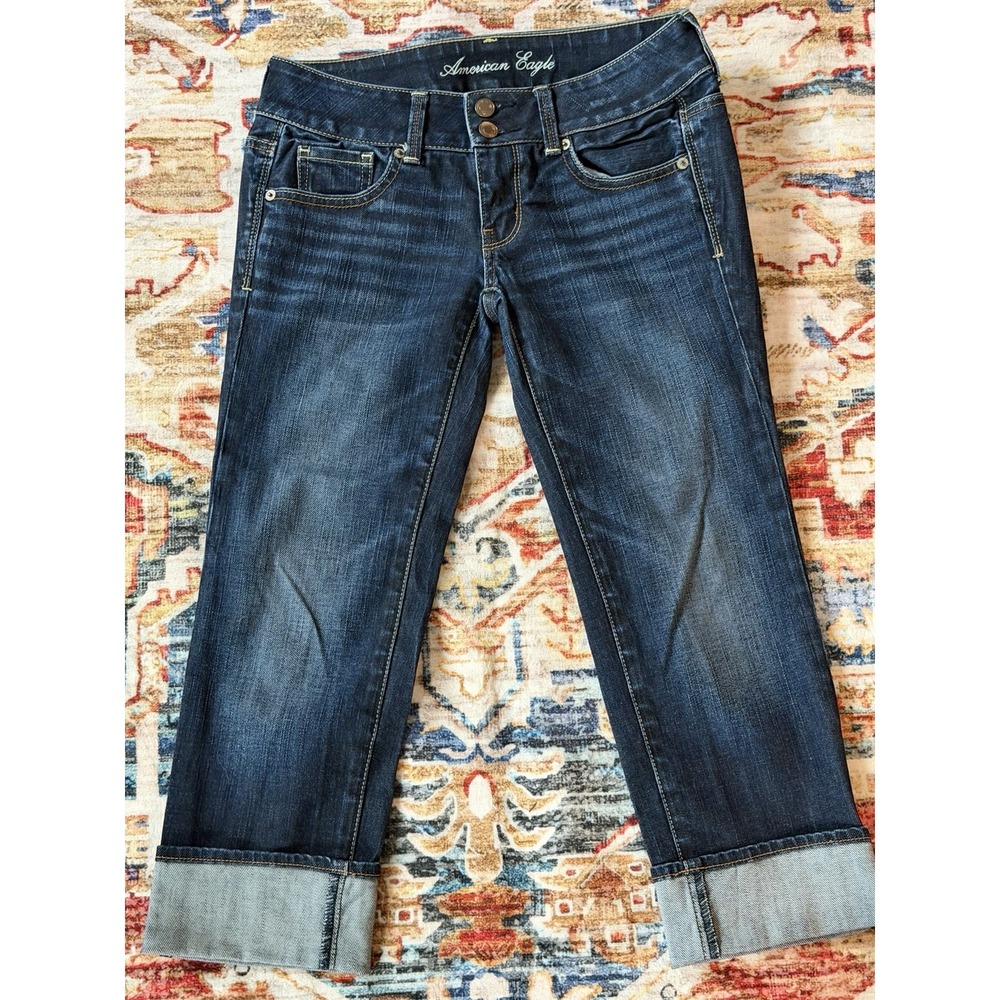 American Eagle Artist Crop Low-rise Stretch Dark Wash Capri Cuffed Jeans Size 0